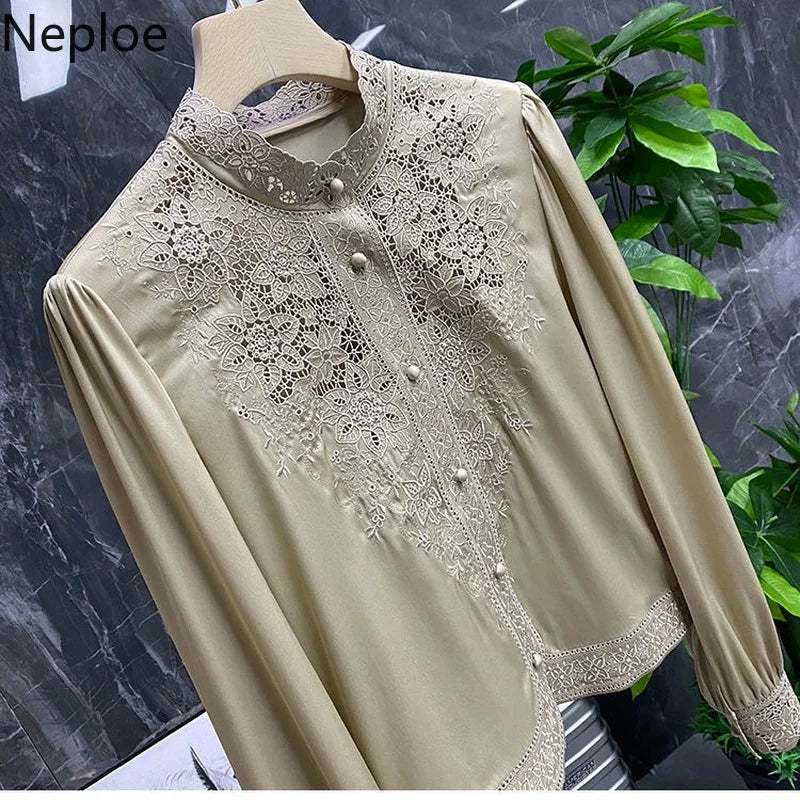 Modern designed vintage blouse/Stand Collar Embroidery Blouse Embraced in Fashion/Long Sleeve fitted, made with polyester material.