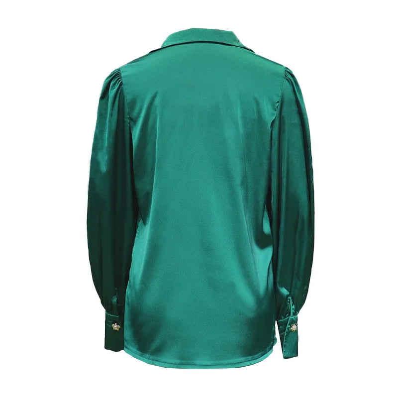 Sophisticated Satin Elegant Blouse/Black Lantern Sleeves/Fashionable/Winter Blouse Green Loose Silk Office Shirt.