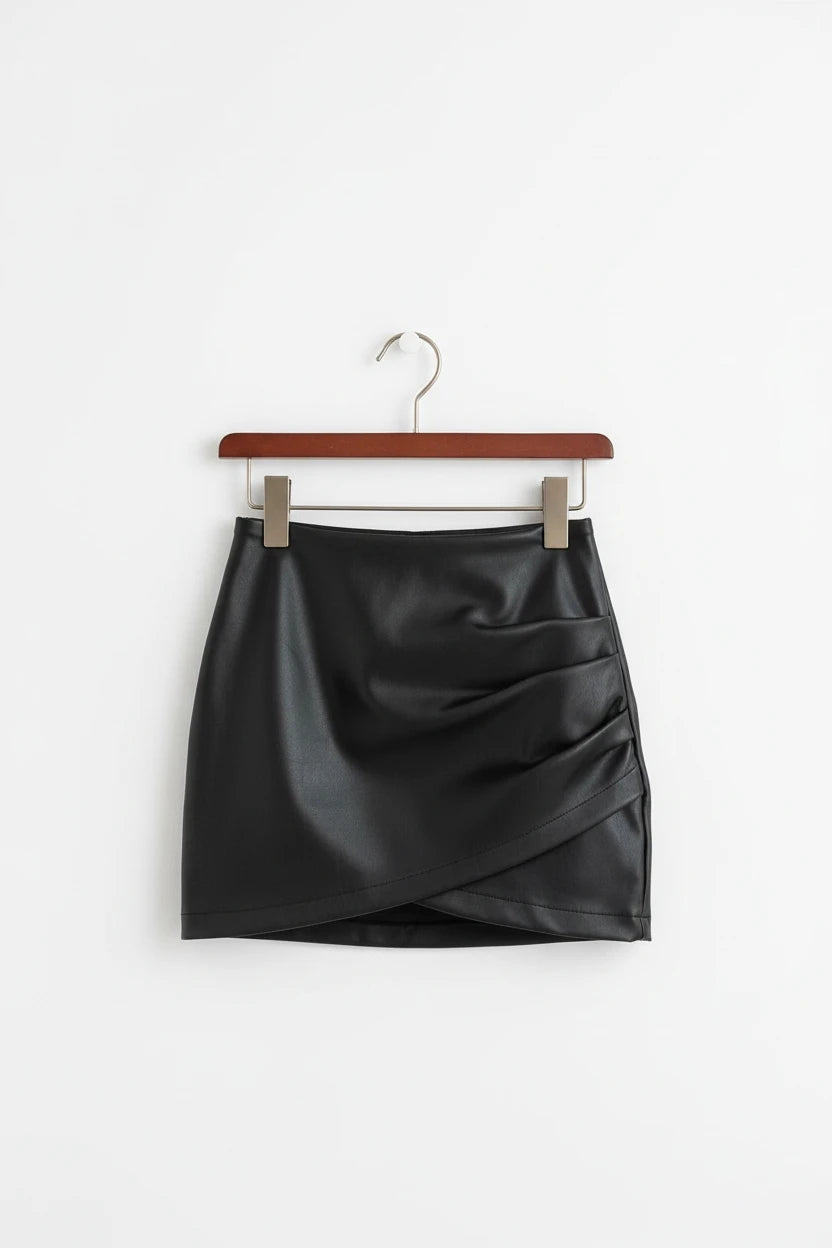 Women’s Faux Leather Ruched Mini Skirt – High Waist Bodycon Hip Wrap Club Skirt