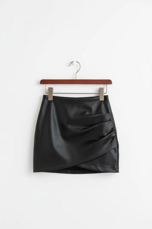 Women’s Faux Leather Ruched Mini Skirt – High Waist Bodycon Hip Wrap Club Skirt