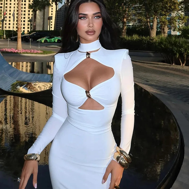 Elegant Cut-Out White Bodycon Maxi Dress – Long Sleeve High Neck Evening Dress for Women