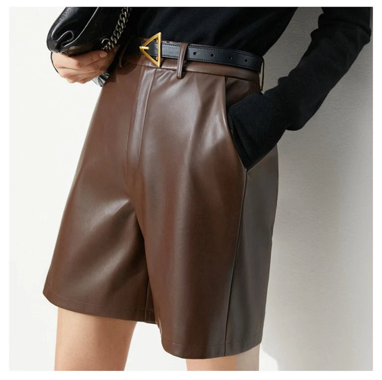 Women’s High-Waist Faux Leather Bermuda Shorts – Chic Tailored Vegan Leather Shorts with Belt, Fall Fashion