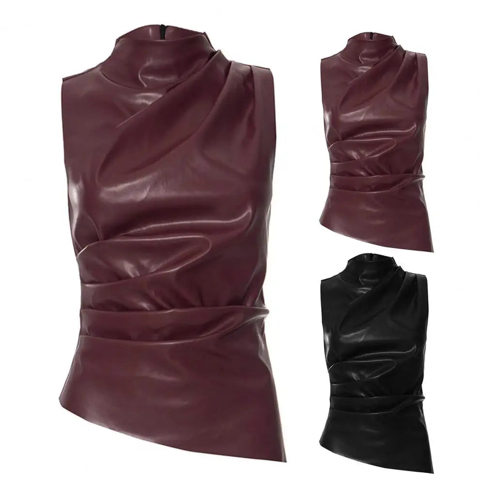 Slim Fit Sleeveless Top Comfortable Slim-fitting Top Stylish Women's Faux Leather Motorcycle Vest with Piled for Fashionable