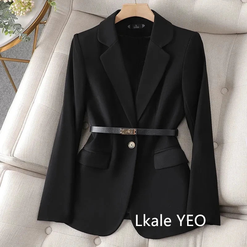 Women’s Tailored Belted Blazer – Single-Breasted Notched Lapel, Structured Shoulder, Regular-Length Suit Jacket, Elegant Business Casual Outerwear