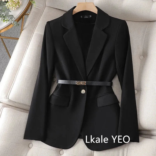 Women’s Tailored Belted Blazer – Single-Breasted Notched Lapel, Structured Shoulder, Regular-Length Suit Jacket, Elegant Business Casual Outerwear