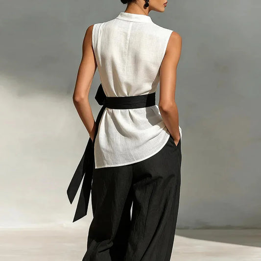 Elegant Sleeveless Tie Top & Wide-Leg Pants Two-Piece Set – Slim Fit Luxury Lounge Ensemble