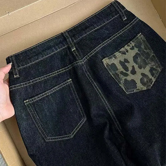 Leopard Cuff Dark Wash Wide Leg Jeans for Women – Mid Rise Loose Straight Denim Pants