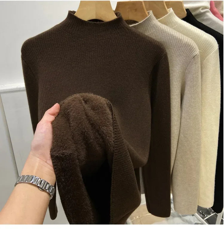 Solid Neck FleeceTurtleneck/Winter Sweater Women Elegant/Thicken Velvet Lined Warm Sueter Knitwear Jumper.