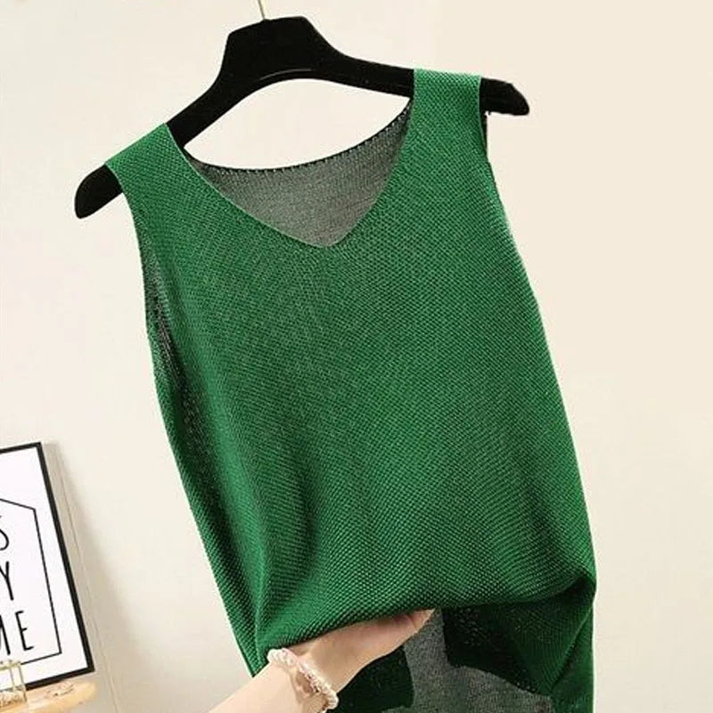 Pullover Women's V-neck Blouse/Thin Knitted Loose Tops/Basic Solid Color Sleeveless/T-shirt For Women Casual Blouses.