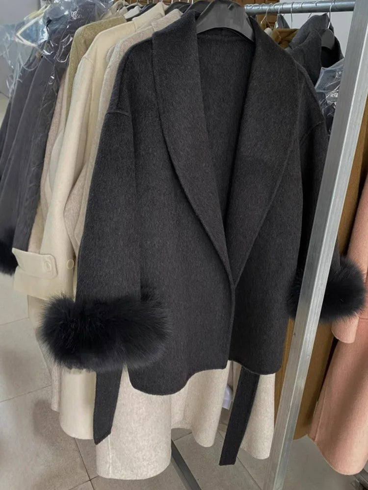 Tossy Fox Fur Overcoat/Short Fitted Cardigan Coat/Elegant Double-sided Woolen Coat.