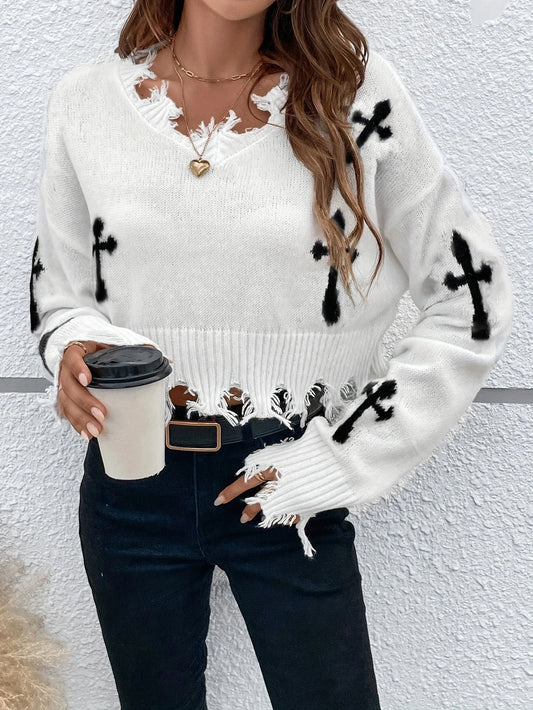 Cozy Cross Pattern Drop Shoulder Crop Sweater/V~Neck Sweater/Distressed Ripped Long Sleeved Sweater.