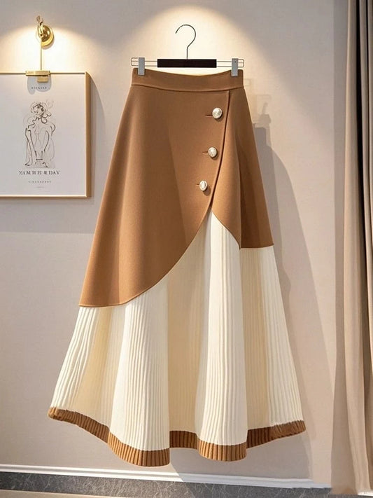 Elegant Ivory High-Waist Midi Skirt with Gold Buttons | Luxury Classic A-Line Skirt