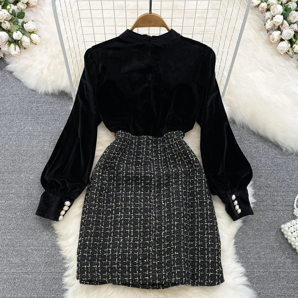 Long Sleeve Vintage Stand Collar Chic Velvet Spliced Coarse Tweed Slim A-line Dresses High Street Autumn Winter Clothing
