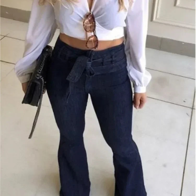 Slightly Stretched High Waist Bell Bottom’s/Flare Pants/Solid Color High Waist/Zipper Fly Flat Pockets/ Streetwear/Slim Patchwork Button Slight Strech Belt.