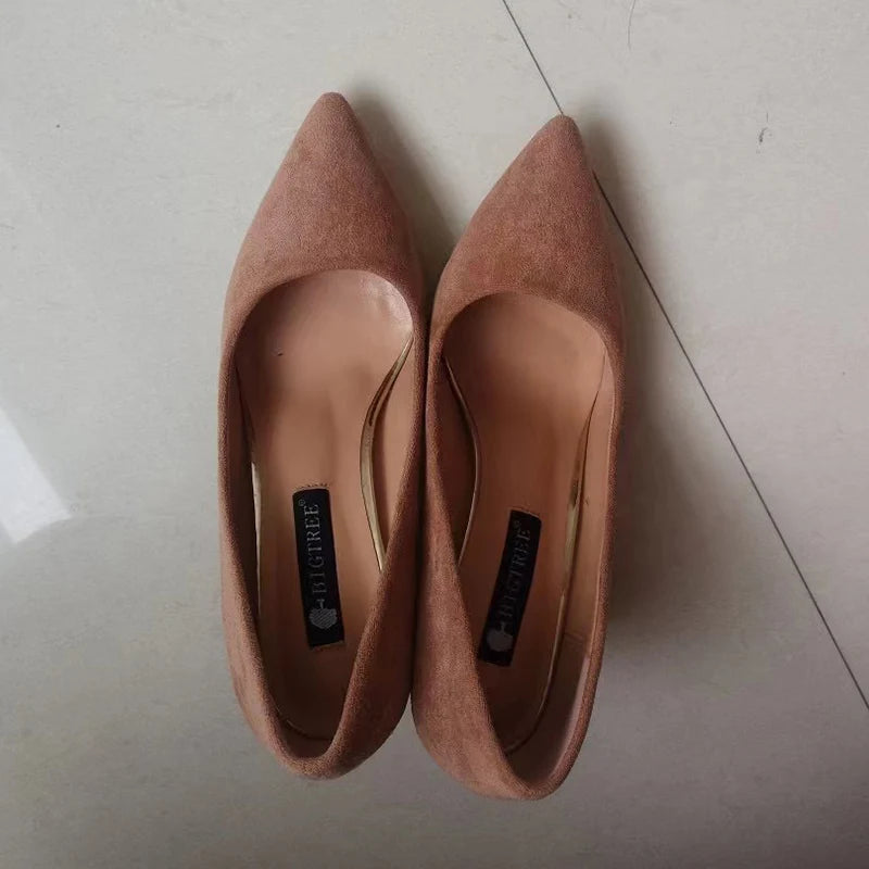 Women’s Suede-Look Pointed Toe Pumps | 8.5cm Block Heel Dress Shoes | Elegant Cognac Brown Heels
