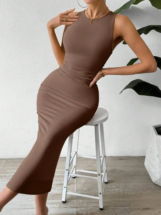 Modern Blend Boutique | Sculpted Suede Midi Dress – High Neck Bodycon Waist Cinch Elegant Minimalist Dress (3 Color Set Available, In packs)