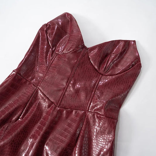 Luxury Strapless Crocodile-Embossed Faux Leather Mini Dress in Bronze & Burgundy