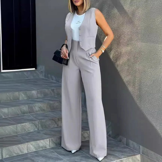 Trousers Suit Women's Vest Suit/Elegant Loose Regular Work Suit/High Waist Wide-leg Trousers 2-piece Street Suit.