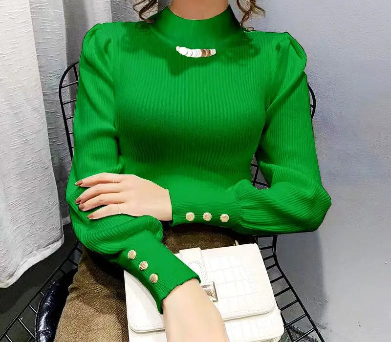 Elegant Solid Colored Button Sleeve Sweater’s/Women's Clothing/Autumn Winter Loose All-match Pullover’s.