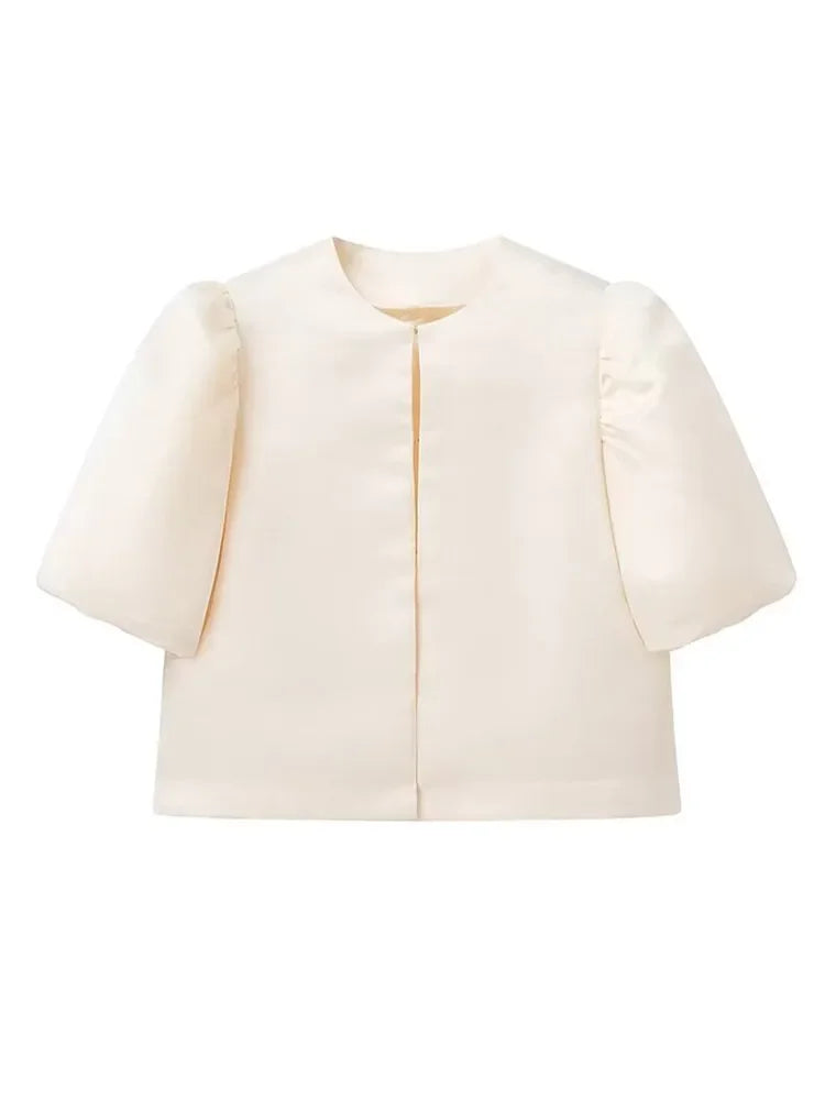 Solid Puffed Up Satin Blouse/Stylish Balloon Sleeved O~Neck Design/Single Breasted Loose Fitted Blouse.