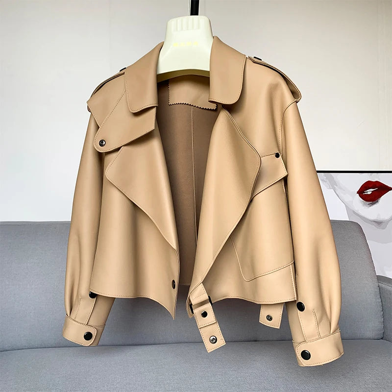 Luxury Oversized Sheepskin Moto Jacket – Cropped Structured Biker Coat for Women (Red, Black, Ivory, Emerald Green, Blush Pink, Camel)