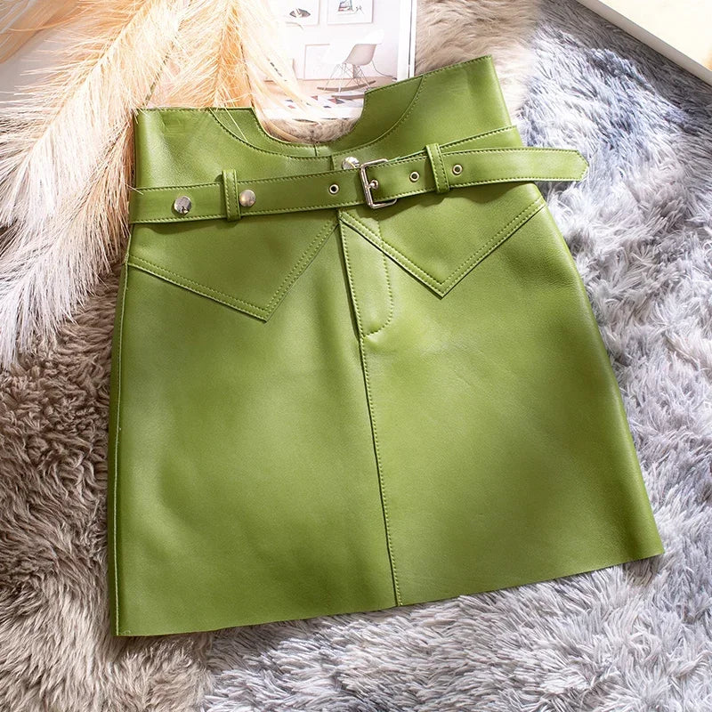 Women’s Genuine Sheepskin Leather Mini Skirt – High Waist Belted Office Chic Skirt