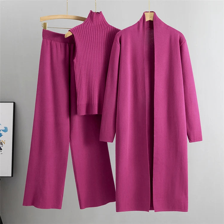 Women’s 3-Piece Knit Cardigan Set | Long Open-Front Coat, Sleeveless Turtleneck Top & Wide-Leg Pants | Fall Winter Lounge & Office Outfit