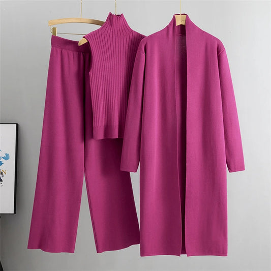 Women’s 3-Piece Knit Cardigan Set | Long Open-Front Coat, Sleeveless Turtleneck Top & Wide-Leg Pants | Fall Winter Lounge & Office Outfit