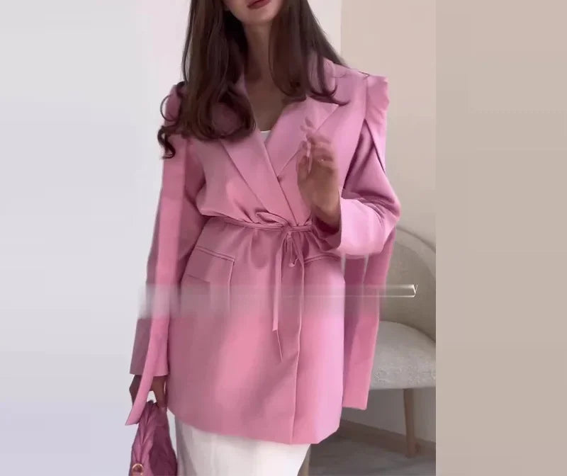 DFCF Women Elegant Loose Waist Cinching Belt Jackets Female Tailored Vintage Striped Lapel Suit Jacket