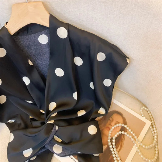 Elegant Polka Dot Tie Front Blouse – Women’s Retro V-Neck Waist Tie Top | French Chic Lightweight Luxury Blouse | Modern Blend Boutique