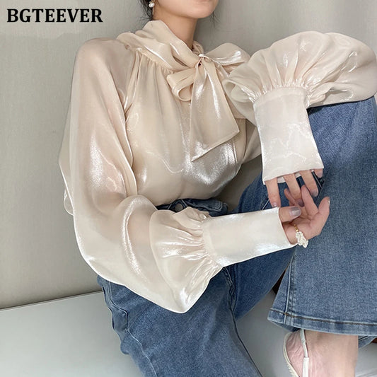 Elegant Ivory Bow Neck Blouse for Women – Long Sleeve Satin-Effect Loose Fit Top