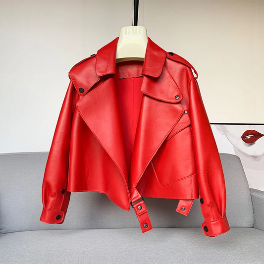 Luxury Oversized Sheepskin Moto Jacket – Cropped Structured Biker Coat for Women (Red, Black, Ivory, Emerald Green, Blush Pink, Camel)