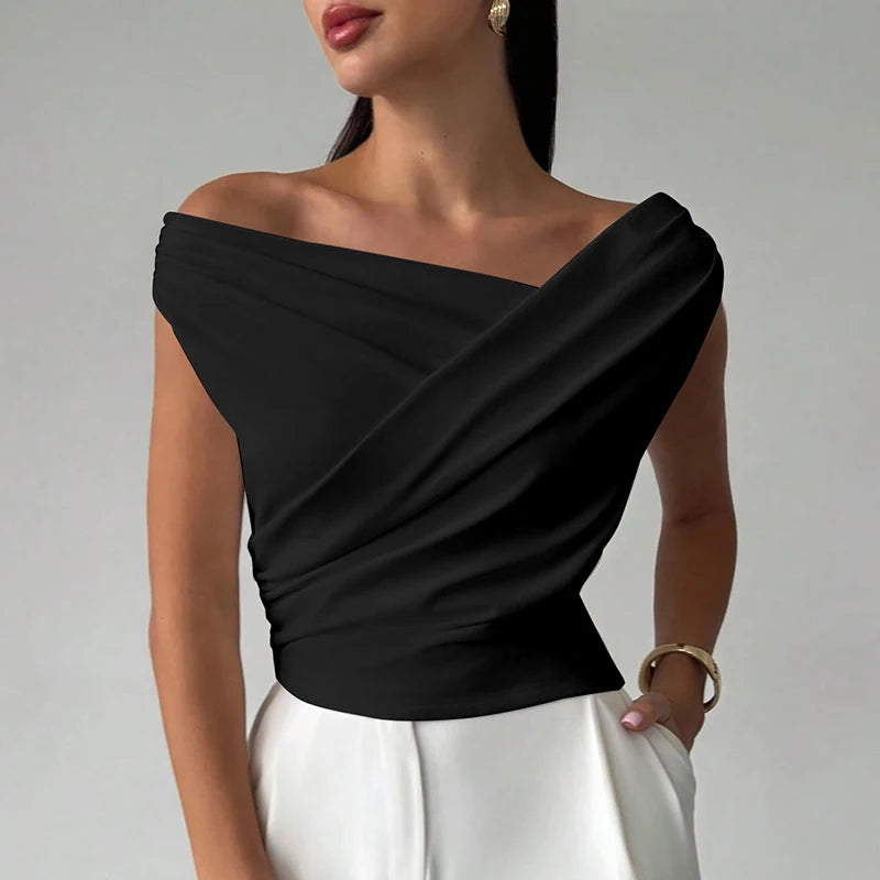 Fashion Simple Office Tops Female Slash Neck Sleeveless T-shirts For Women Elegant Summer Women Shirt White Black