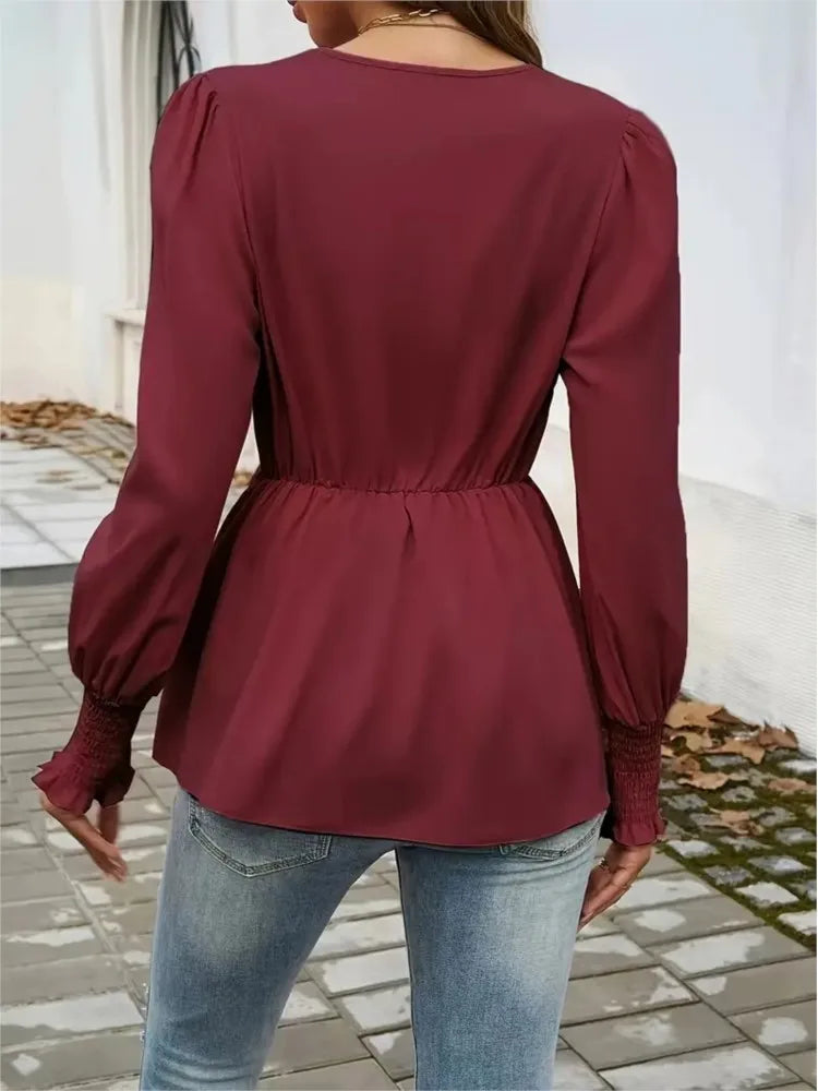 Elegant V-neck Lace Up Waist Cinching Autumn Women's Clothing New Casual Loose Solid Color Pullover Shirt.