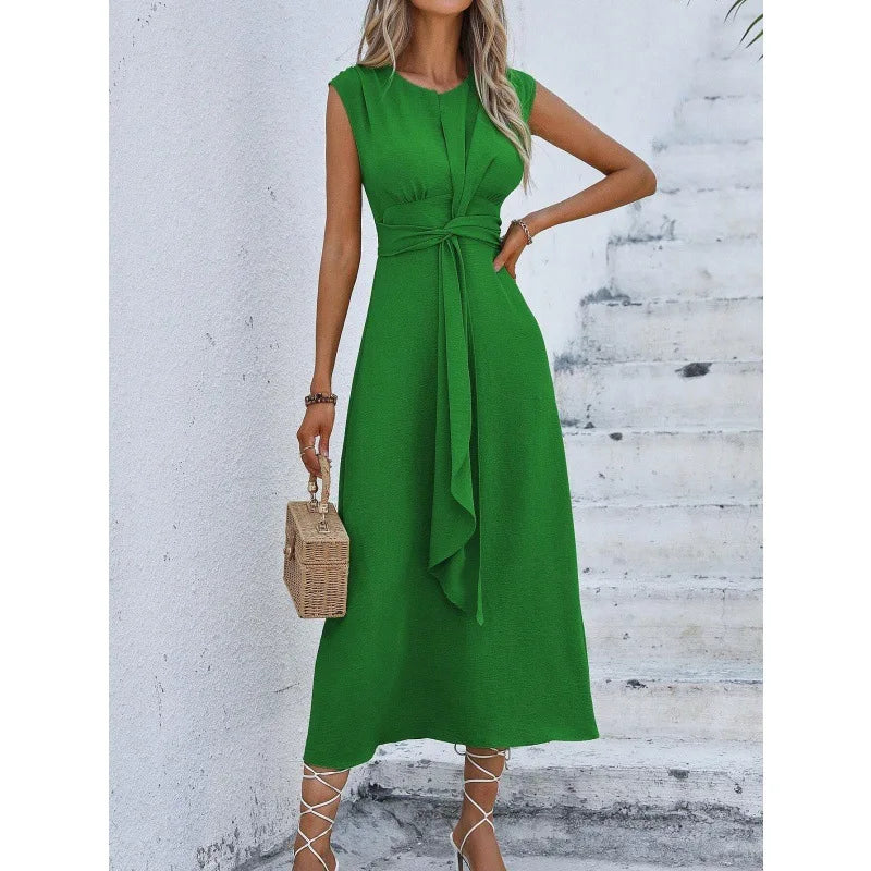 Elegant Sleeveless Waist Tie Midi Dress for Women – Romantic Vacation A-Line Summer Dress | Casual Chic Date Night Outfit | Modern Blend Boutique