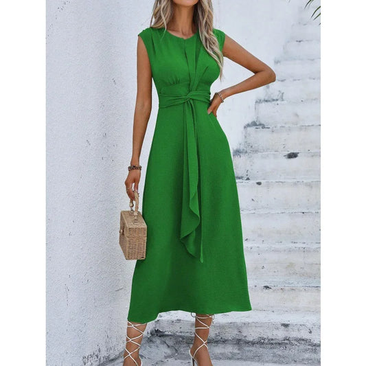 Elegant Sleeveless Waist Tie Midi Dress for Women – Romantic Vacation A-Line Summer Dress | Casual Chic Date Night Outfit | Modern Blend Boutique