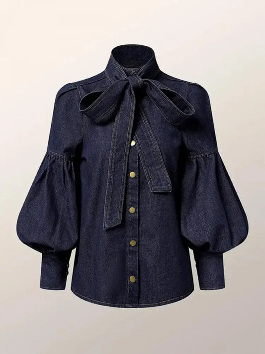 Fashion Bow Design High Neck Blouse/ New Autumn Puff Sleeves Limitation Denim Casual Office Shirts Tops.