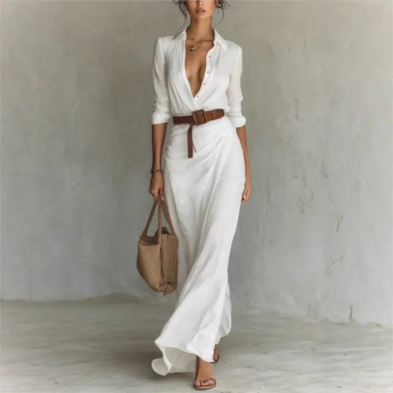 Fashionable Solid Elegant Dress/Lapel Button Draped Dress/Long Dress Casual Long Sleeve Match With Belt Shirt.