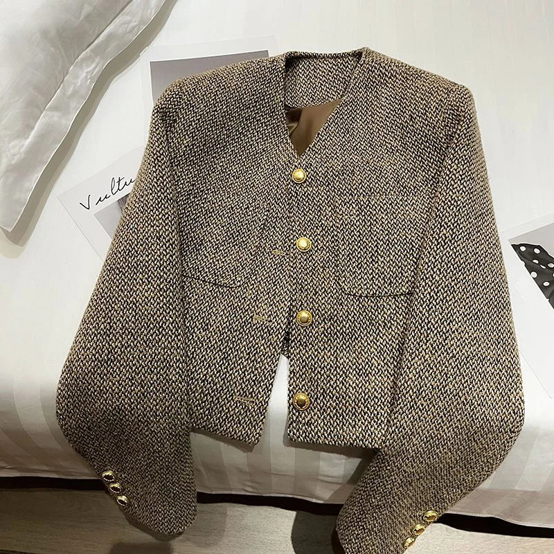 Vintage Cropped Tweed Jacket/Women Elegant Short Blazer/Autumn Single-Breasted All Match Casual Chic Outerwear.