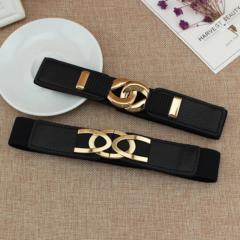 Female Wide Elastic Belt/Waistband Metal Buckle Belt/Women Waist Band Cummerband Sweater Coat Clothing Accessories.