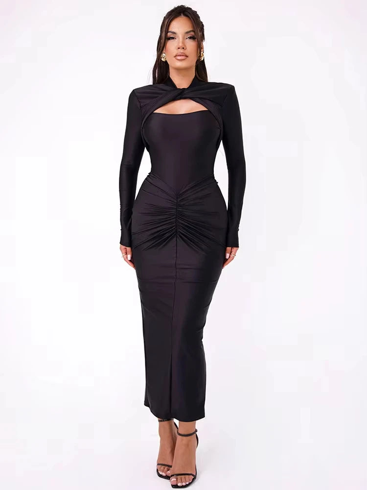 Luxury Champagne Gold Ruched Maxi Dress – Long Sleeve Stretch Satin Bodycon Evening Gown for Women