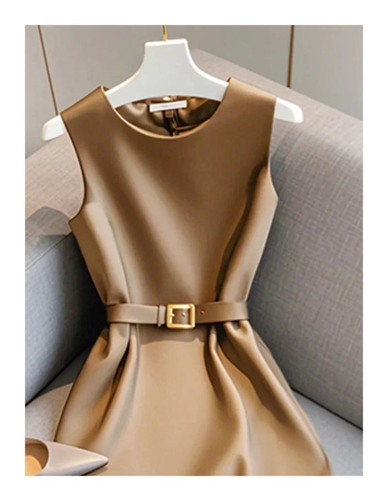 New French Luxury Summer Dress Women Elegant Sleeveless High Waist Satin Formal Dress Fashion Party Vestidos with Belt High End