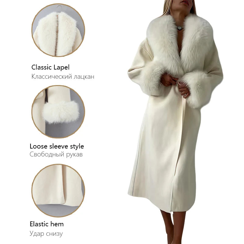 Stylish Cream-colored Long Wool Coat With Faux Fur/Collar and cuffs, Featuring A Self Tie Belt.