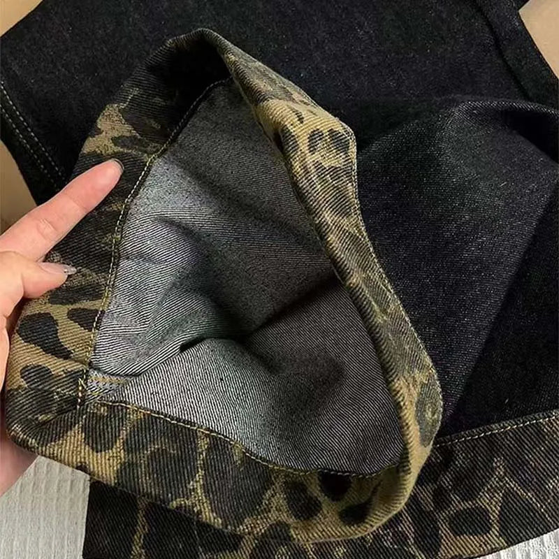 Leopard Cuff Dark Wash Wide Leg Jeans for Women – Mid Rise Loose Straight Denim Pants