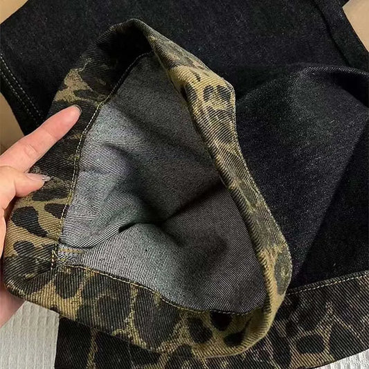 Leopard Cuff Dark Wash Wide Leg Jeans for Women – Mid Rise Loose Straight Denim Pants