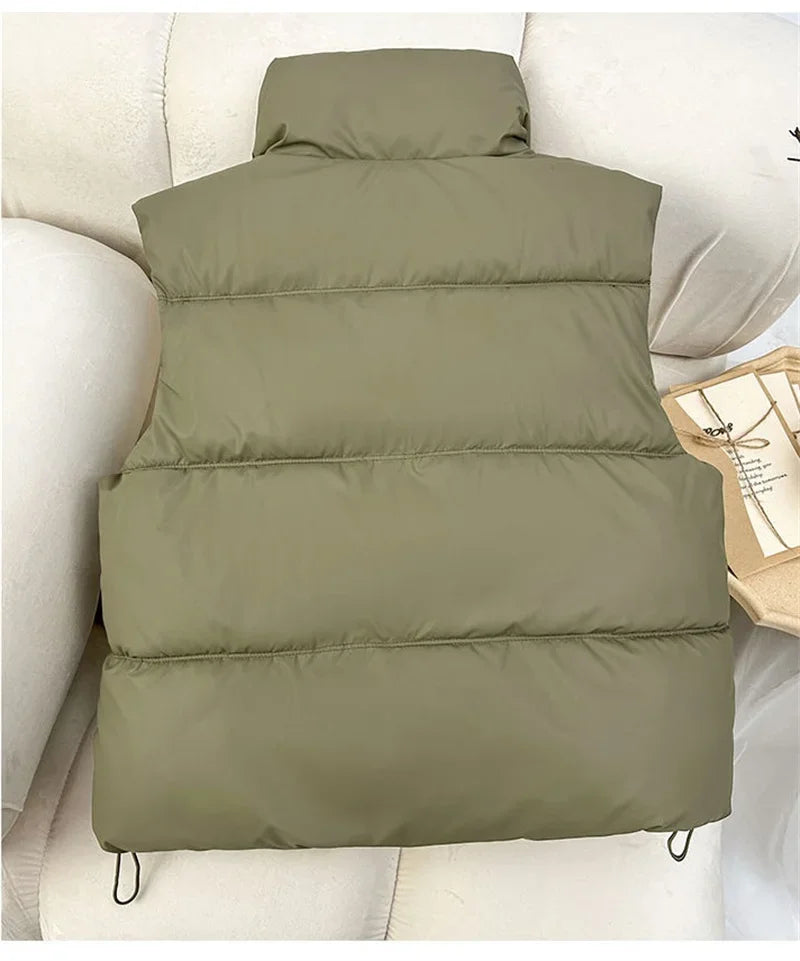 New Autumn Casual Loose Down Cotton Vests Women Stand Collar Short Sleeveless Coats Solid Zipper Waistcoat Winter Warm Vest