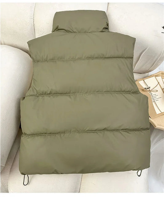 New Autumn Casual Loose Down Cotton Vests Women Stand Collar Short Sleeveless Coats Solid Zipper Waistcoat Winter Warm Vest