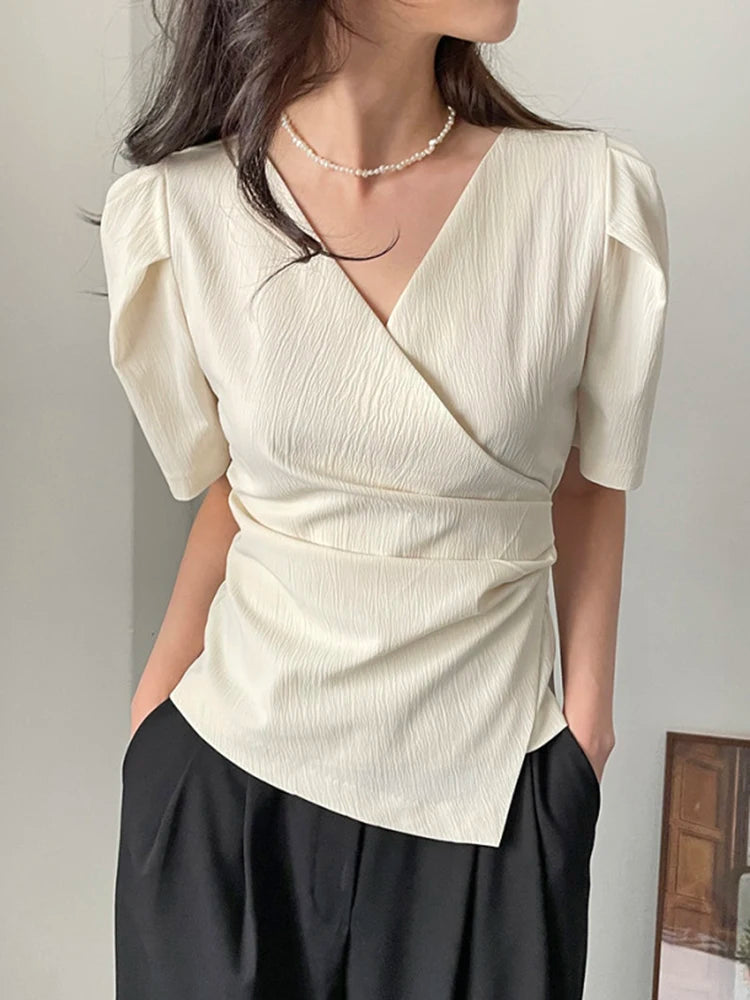 Solid Tucked V Neck Slim Blouse/Elegant Short Sleeve Asymmetrical Top For Women Hot Sale.