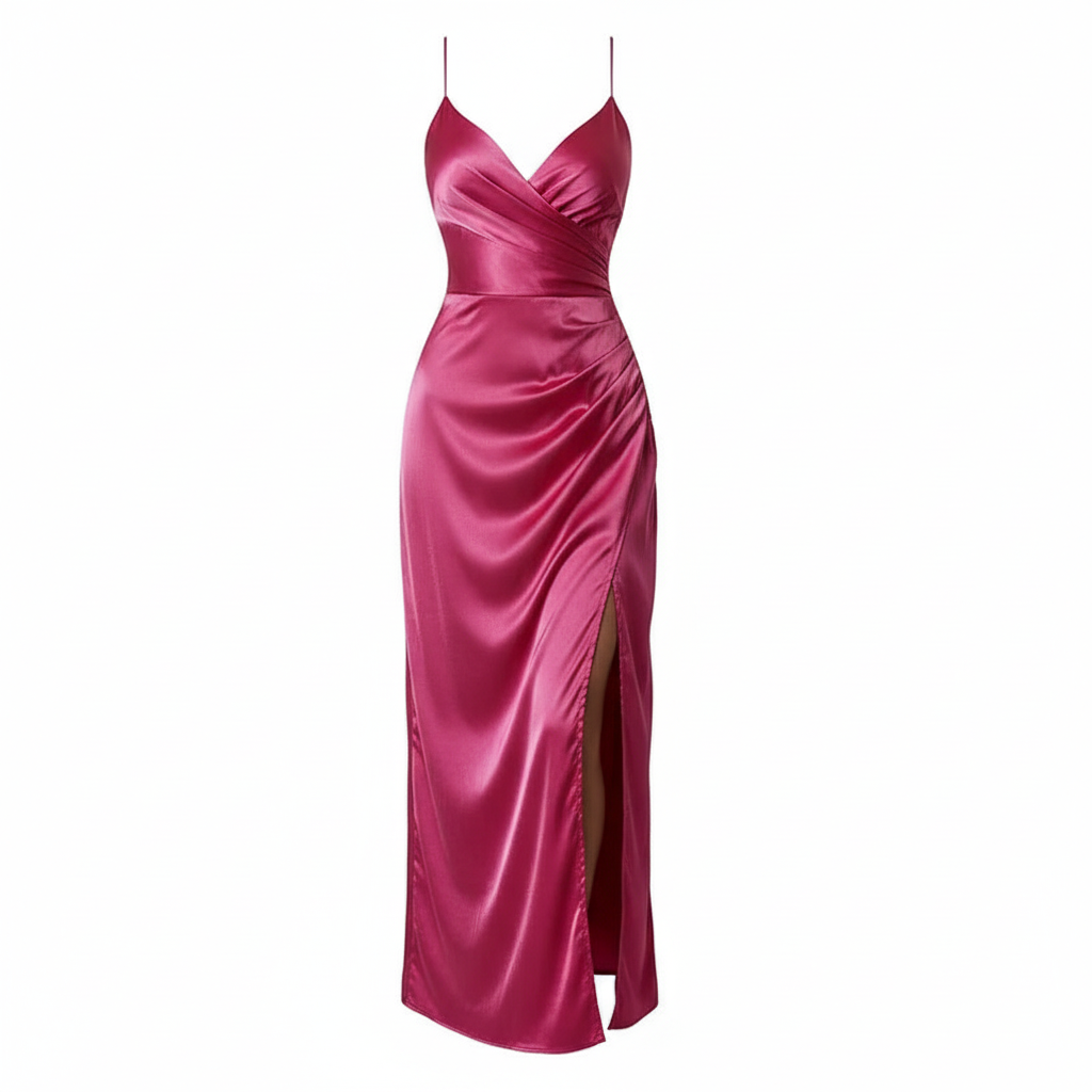 Sexy Glowing Backless Slit Dress/High Split Pleated Satin Dress/Solid V~Neck Mid~Calf Pullover.