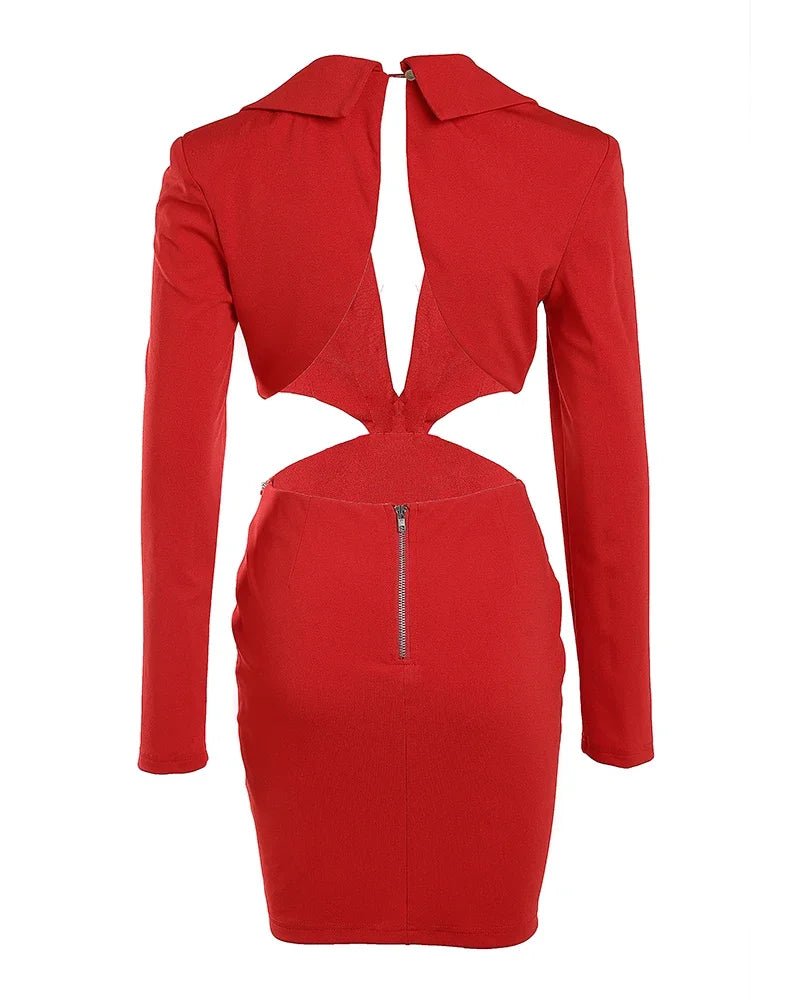 Elegant Sexy Backless Dress/Long Sleeved V-neck Collar/Tight Hollow Chain Party Banquet Dress/Slim Fitted Sheath Silhouette.